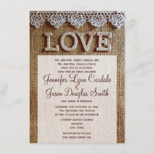 Invitations de mariage d'AMOUR rustique de toile