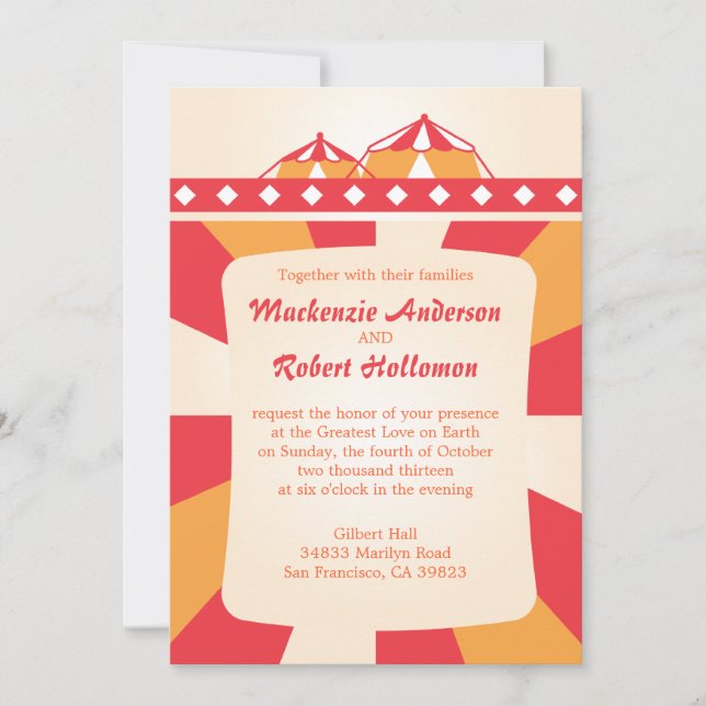 Invitations de mariage de cirque - Rouge et Orange (Devant)