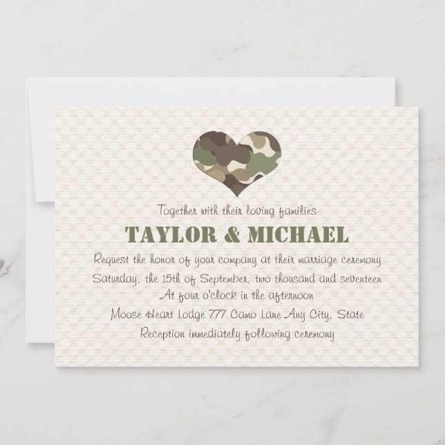 Invitations de mariage de coeur de camouflage (Devant)