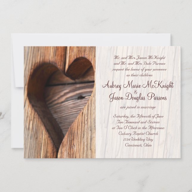 Invitations de mariage de coeur en bois dans un pa (Devant)