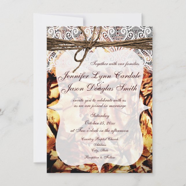 Invitations de mariage de dentelle de Camo Rustiqu (Devant)