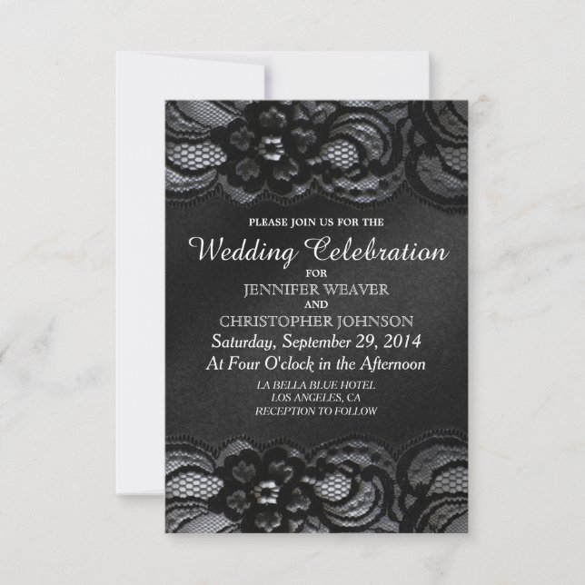 Invitations de mariage de dentelle noire et de sat (Devant)