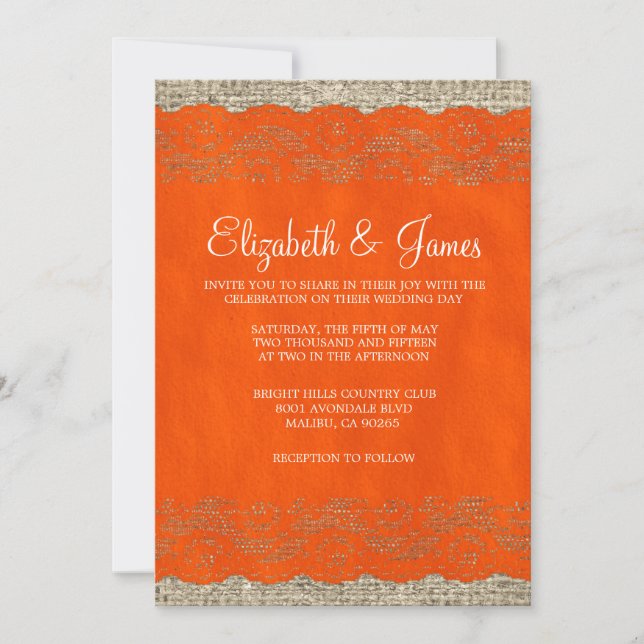 Invitations de mariage de dentelle orangée (Devant)