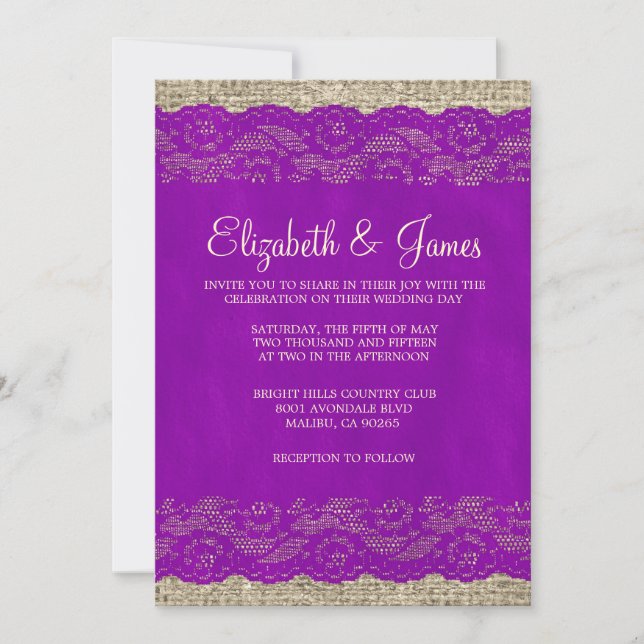 Invitations de mariage de dentelle rustique violet (Devant)