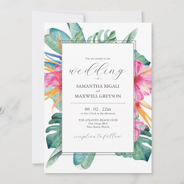 Invitations de mariage de destination Fleurs tropi (Devant)
