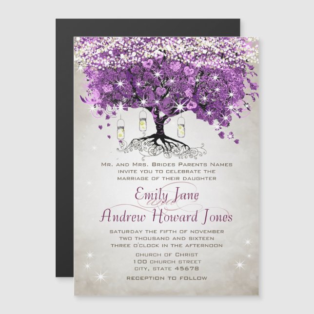 Invitations de mariage de feuilles de coeur violet (Devant / Derrière)