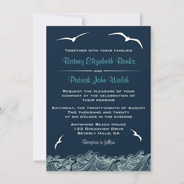 Invitations de mariage de la marine des vagues et  (Devant)