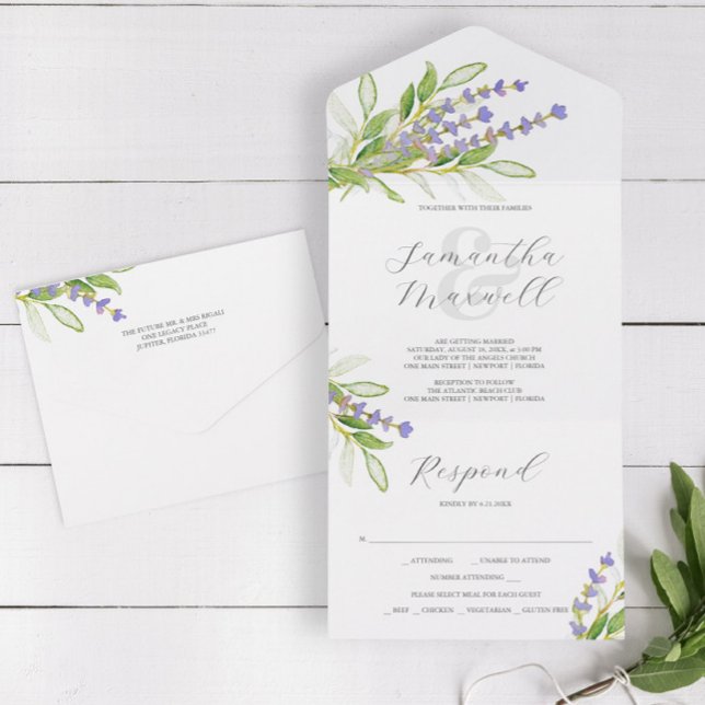 Invitations de mariage de lavande avec RSVP (Wedding invitations with RSVP cards feature watercolor lavender art by Victoria Grigaliunas)