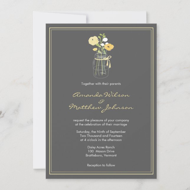 Invitations de mariage de Mason Jar gris et jaune (Devant)