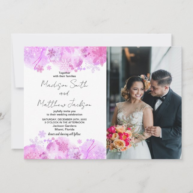 Invitations de mariage de neige rose avec photo (Devant)