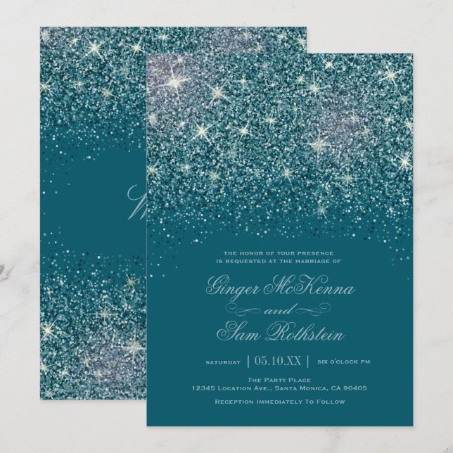 Invitations de mariage de Parties scintillant Turq (Devant / Derrière)