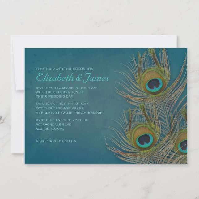Invitations de mariage de plumes de paon (Devant)