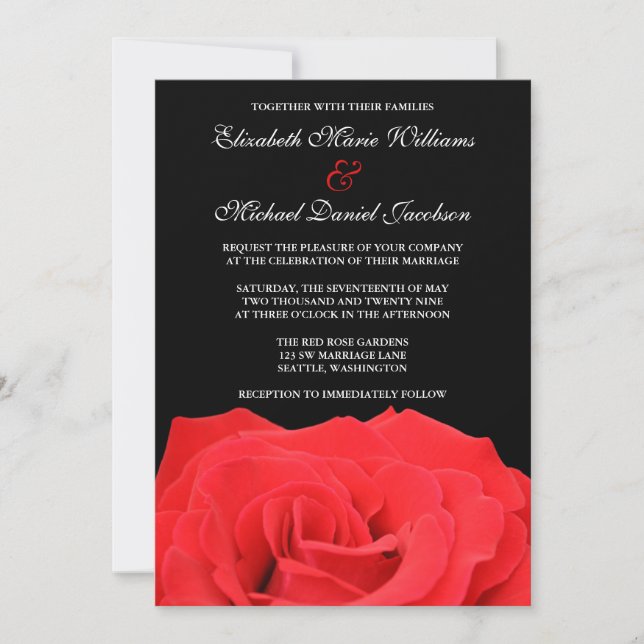 Invitations de mariage de rose rouge et de noir (Devant)