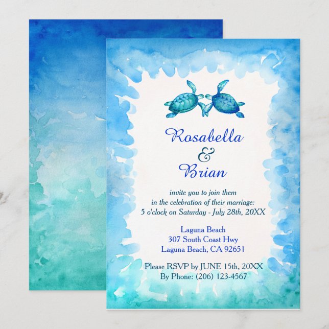 Invitations de mariage de tortues marines - bleu e (Devant / Derrière)