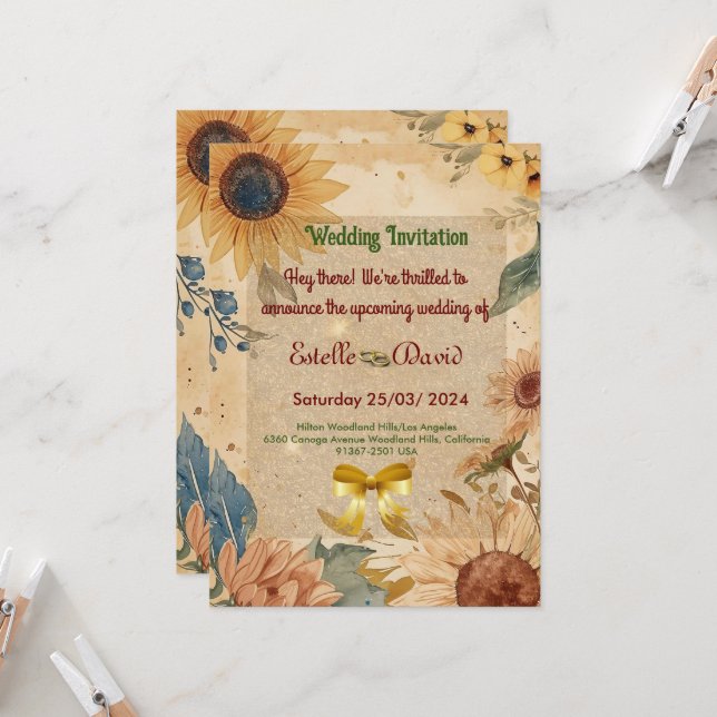 Invitations de mariage de tournesol (Devant/Arrière en situation)