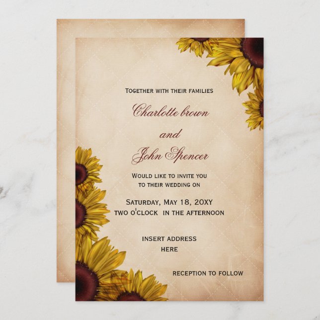Invitations de mariage de tournesol rustique (Devant / Derrière)