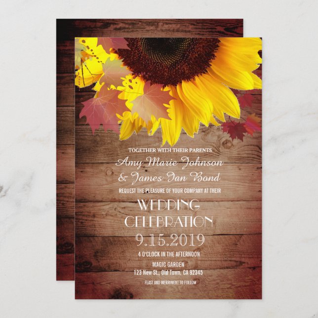 Invitations de mariage de tournesol rustique (Devant / Derrière)