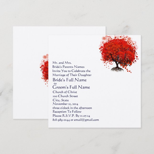 Invitations de mariage des feuilles de coeur rouge (Devant / Derrière)