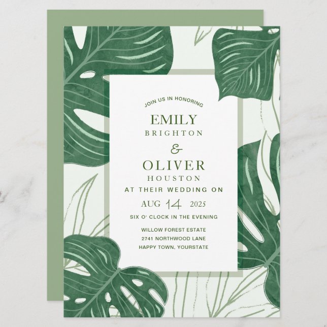 Invitations de mariage des feuilles de Monstera tr (Devant / Derrière)