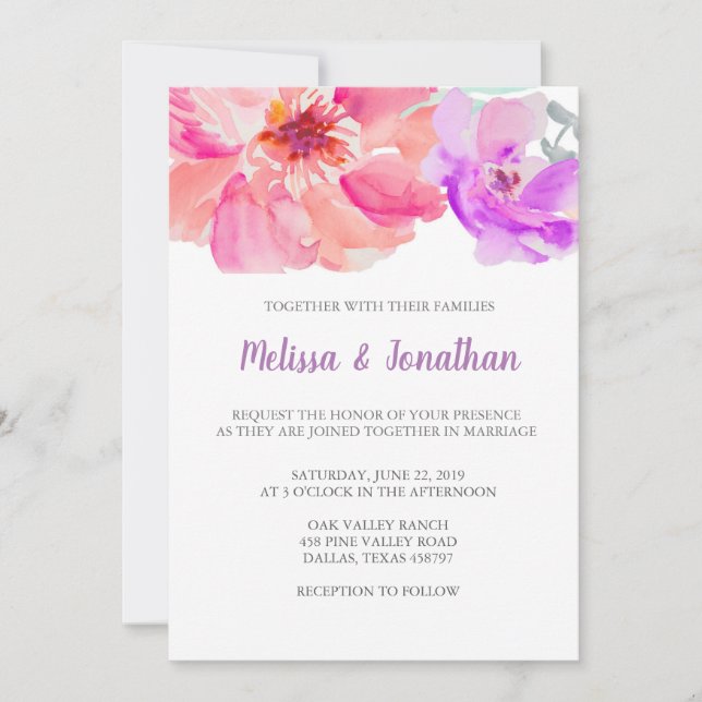 Invitations de mariage des fleurs d'aquarelle (Devant)