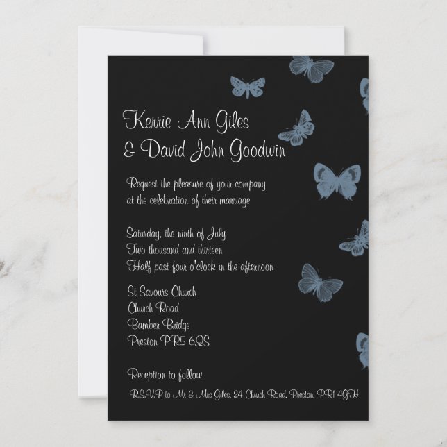 Invitations de mariage des papillons noirs et bleu (Devant)