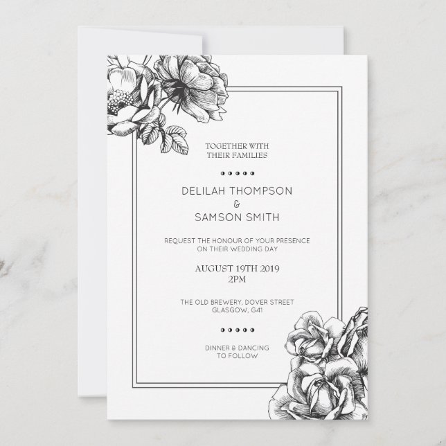 Invitations De Mariage Des Roses Floraux Monochrom (Devant)