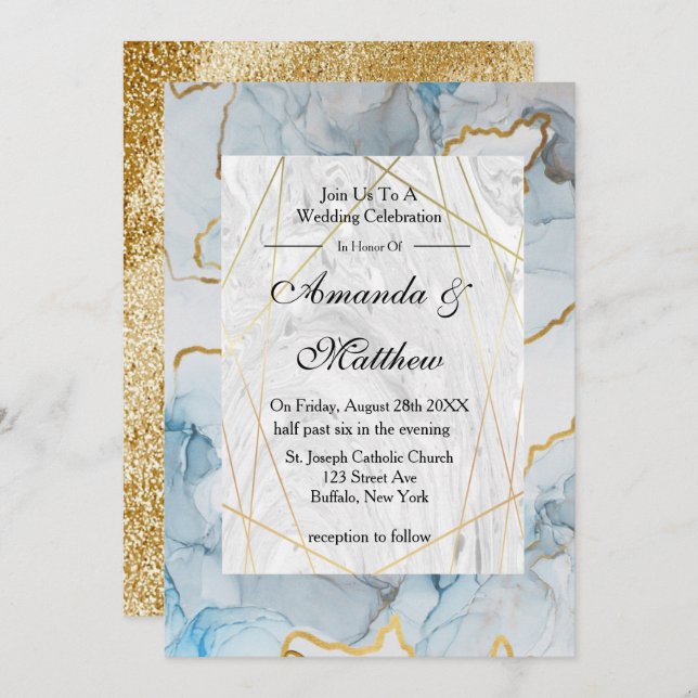 Invitations de mariage Dusty Blue et Gold Marble (Devant / Derrière)