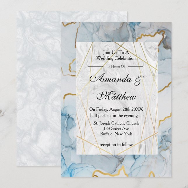 Invitations de mariage Dusty Blue et Gold Marble (Devant / Derrière)