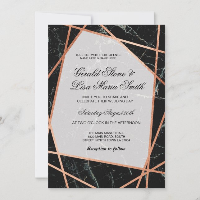 Invitations de mariage Elégant Rose en marbre noir (Devant)