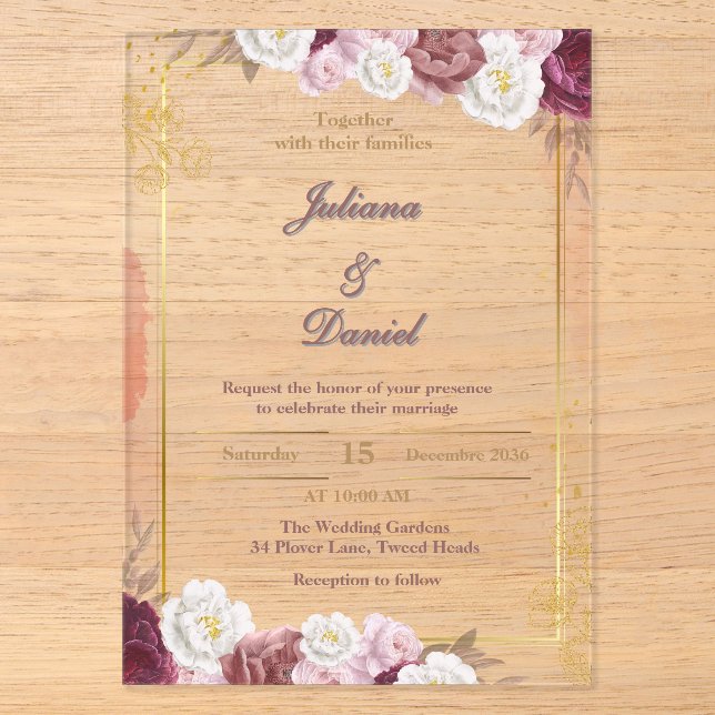 Invitations de mariage élégantes en acrylique roug (Recto)