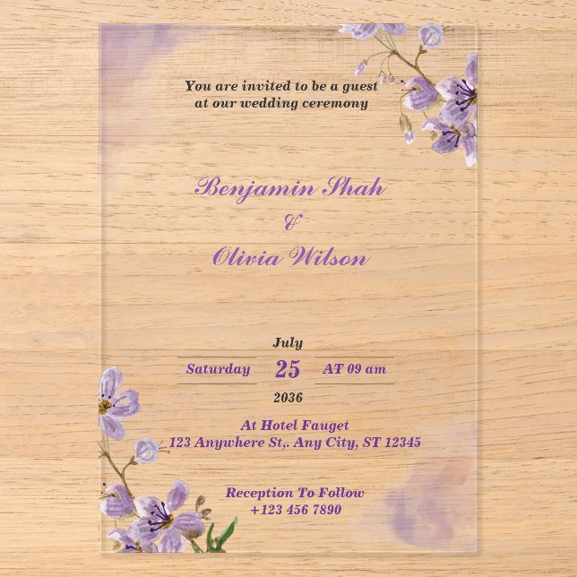 Invitations de mariage en acrylique violet personn (Recto)
