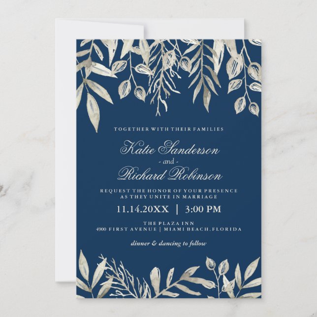 Invitations de mariage en argent et bleu marine (Devant)