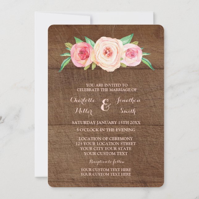 Invitations de mariage en bois rose floral (Dos)