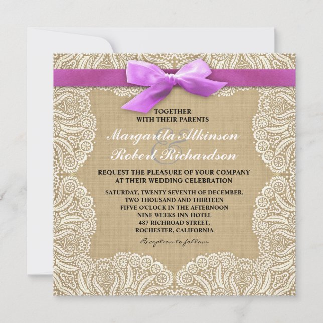 Invitations de mariage en dentelle blanche et en b (Devant)