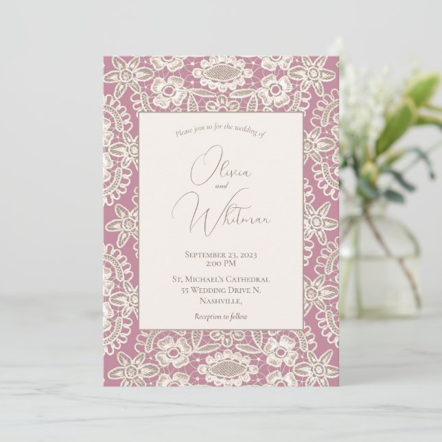 Invitations de mariage en dentelle rose rustique (Debout devant)
