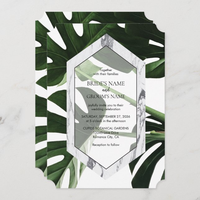 Invitations de mariage en marbre de Monstera tropi (Devant / Derrière)