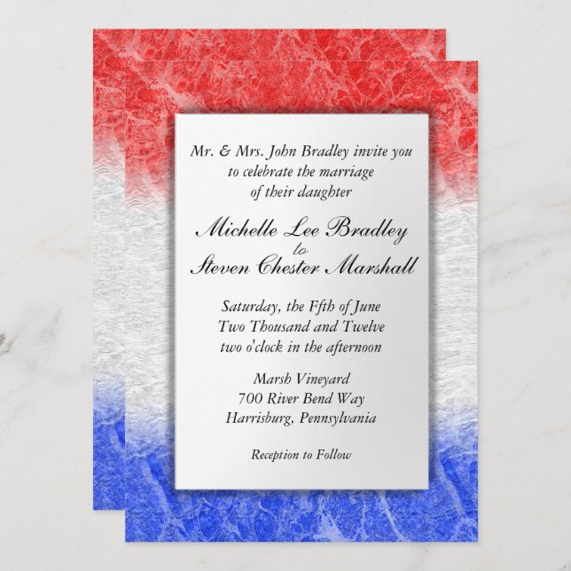 Invitations de mariage en marbre rouge blanc et bl (Devant / Derrière)