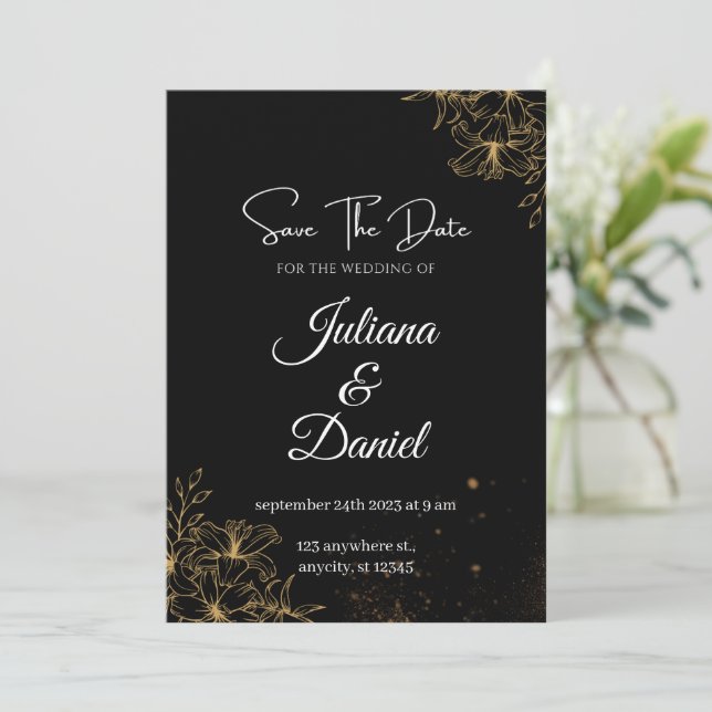 Invitations de mariage esthétique noir et orange (Debout devant)