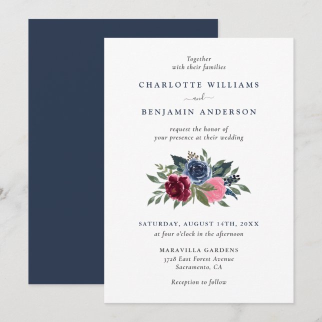 Invitations de mariage floral bleu marine et borde (Devant / Derrière)