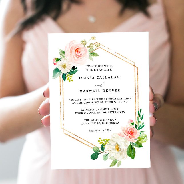 Invitations De Mariage Floral Blush Et Gold, Éléga (Créateur téléchargé)