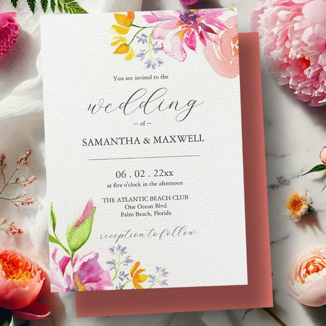 Invitations de mariage floral brillant floral (Watercolor bold floral blooms wedding invitations by Victoria Grigaliunas Do Tell A Belle)