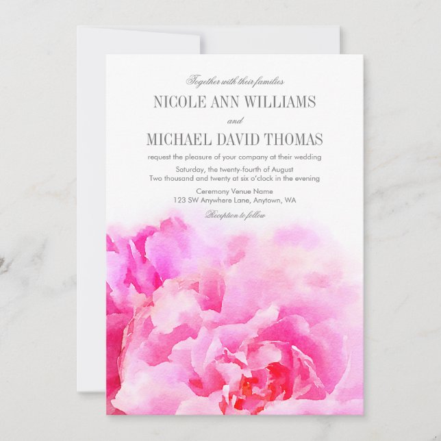 Invitations de mariage floral de Pony rose d'aquar (Devant)