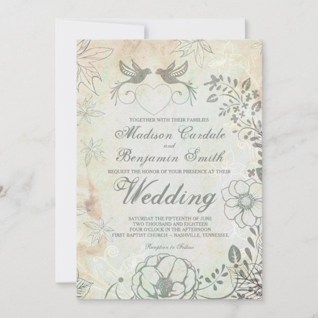 Invitations de mariage floral des Inséparables vin (Devant)