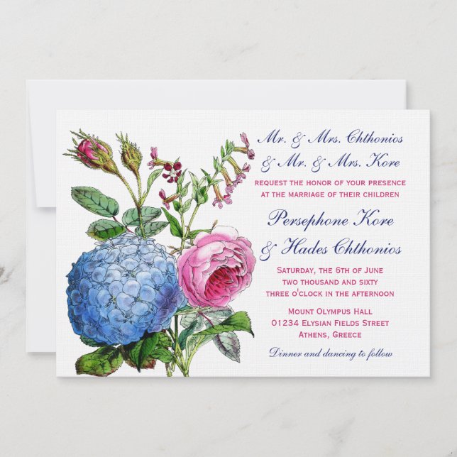 Invitations de mariage floral des Roses d'Hydrange (Devant)