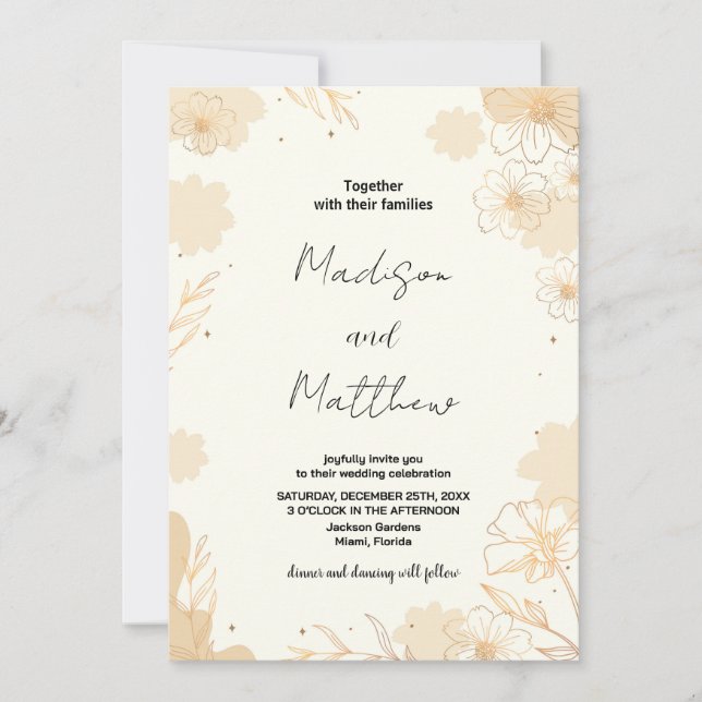 Invitations De Mariage Floral D'Or (Devant)