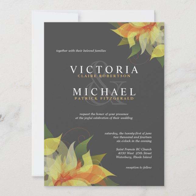 Invitations de mariage floral gris et agrumes jaun (Devant)