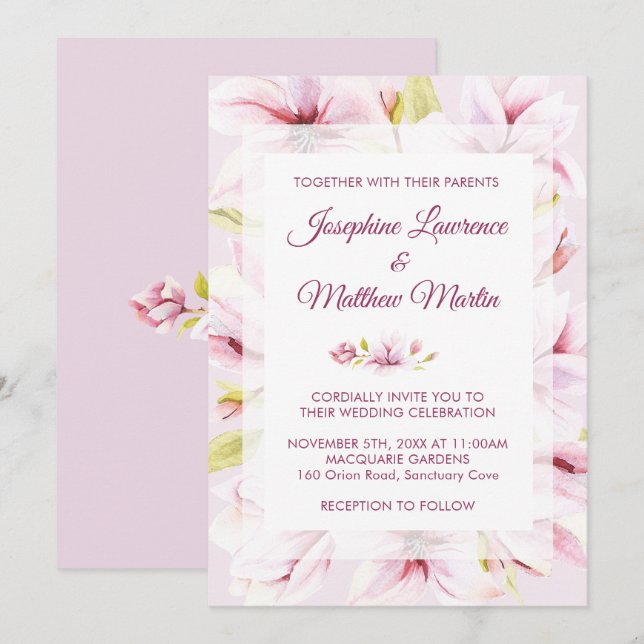 Invitations de mariage floral Magnolia Spring (Devant / Derrière)