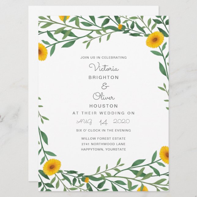 Invitations de mariage floral marigold jaune (Devant / Derrière)