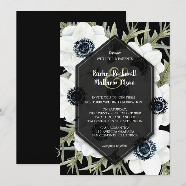 Invitations de mariage floral noir et blanc (Devant / Derrière)