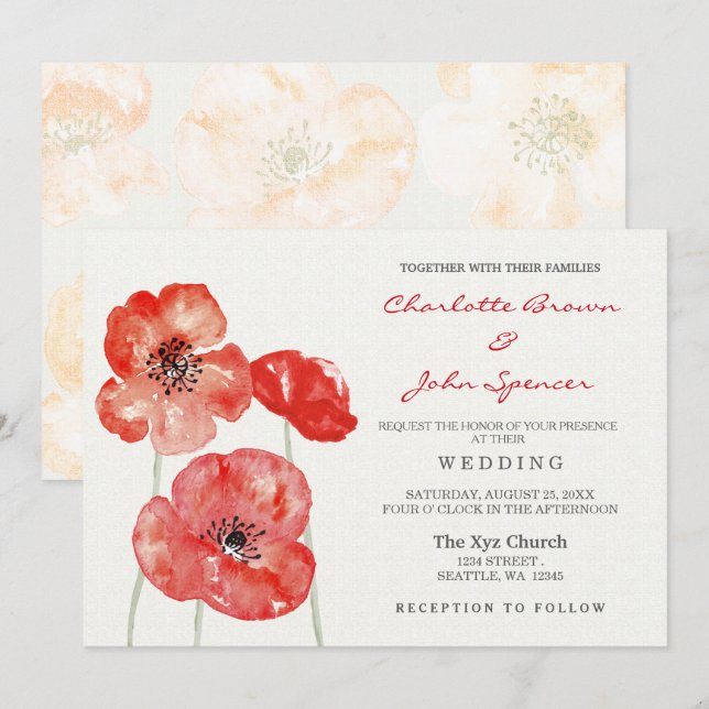 Invitations de mariage floral Red Poppy (Devant / Derrière)